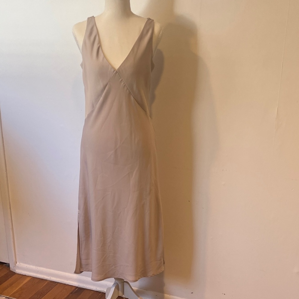 a new day Taupe flowy V-Neck Satin Slip Dress. Womens Size S.